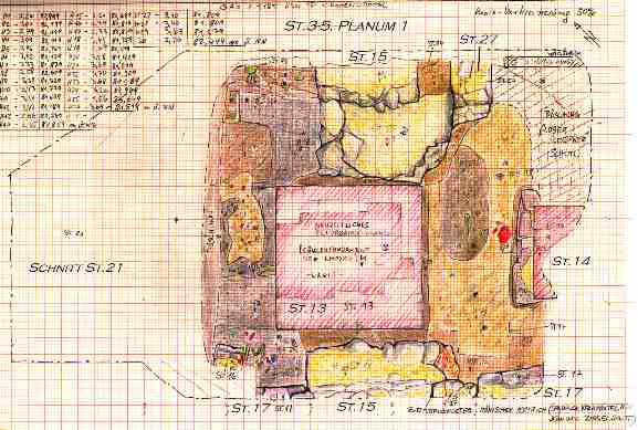 Schnitt St. 3-5, Planum 1; mit den Mauern St. 13, 14, 15, 16, 17 und 27 (Gräber 18 -19)