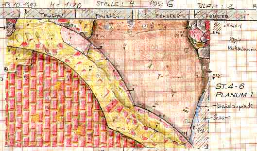 Schnitt St. 4-6, Planum 1; annexapsidiale Außenmauer mit innenseitiger Fußbodensubstruktion