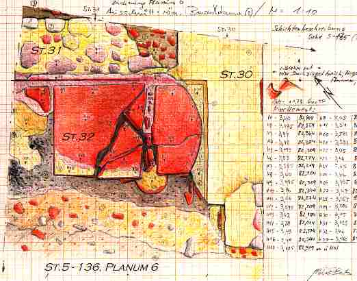 Schnitt St.5-136, Planum 6; mit den MAuern St.30 und 31, Hypocaustum St.32