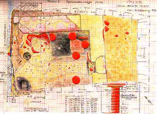 Schnitt St. 5-137,Planum 7 mit der Hypocaustanlage St.32 und den Mauern St. 30 + 31, 33 + 34 (und 29)